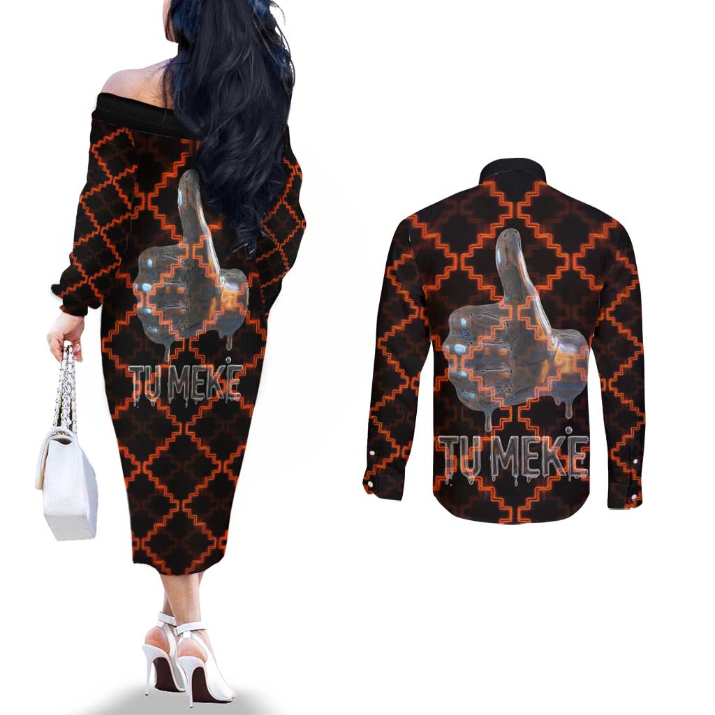 Tu Meke Maori New Zealand Slang Couples Matching Off The Shoulder Long Sleeve Dress and Long Sleeve Button Shirt with Glow Neon Step Style TS04 - Polynesian Pride