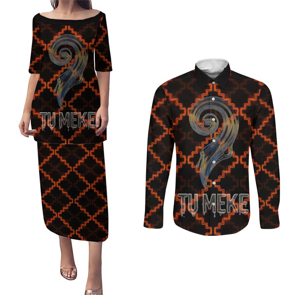 Tu Meke Maori New Zealand Slang Couples Matching Puletasi and Long Sleeve Button Shirt with Glow Neon Step Style