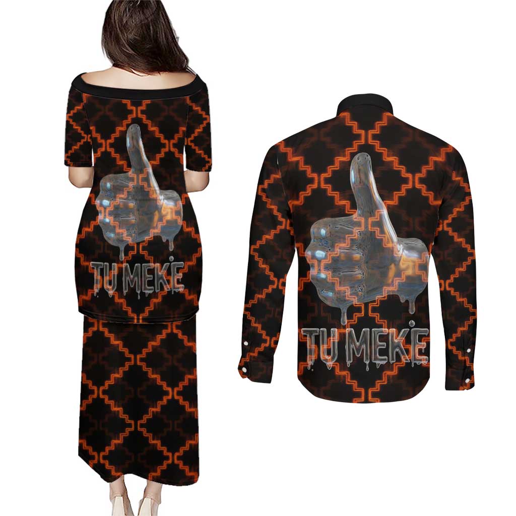 Tu Meke Maori New Zealand Slang Couples Matching Puletasi and Long Sleeve Button Shirt with Glow Neon Step Style