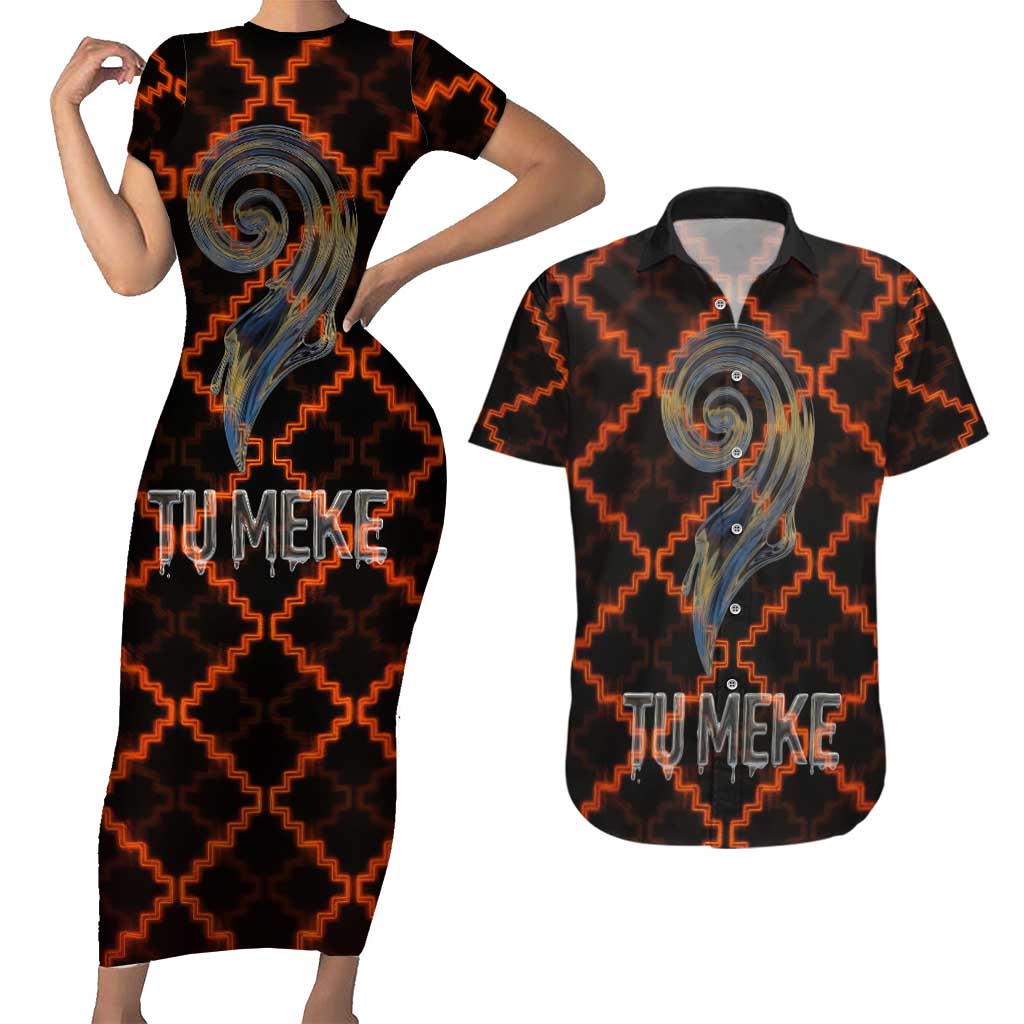 Tu Meke Maori New Zealand Slang Couples Matching Short Sleeve Bodycon Dress and Hawaiian Shirt with Glow Neon Step Style TS04 Black Orange - Polynesian Pride