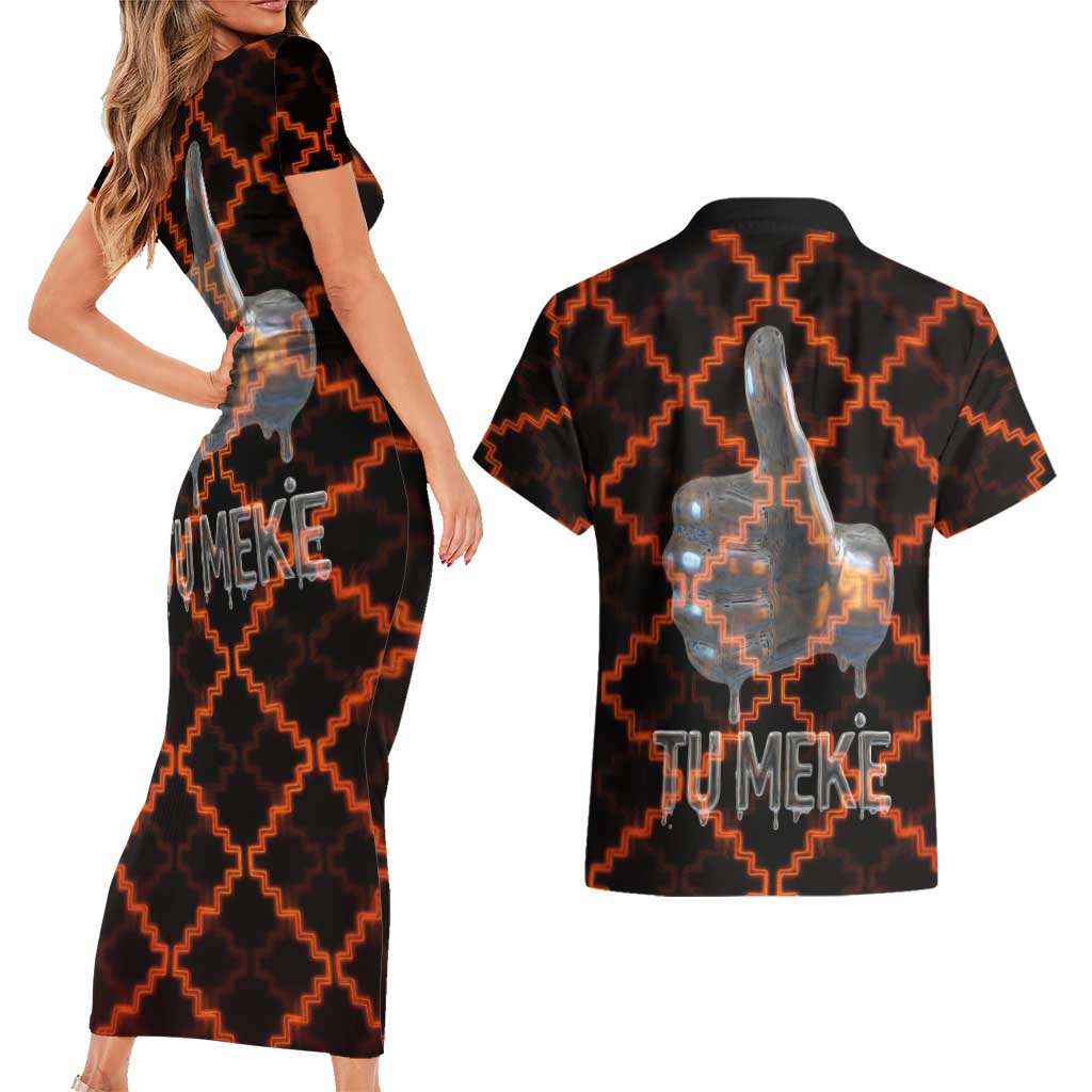 Tu Meke Maori New Zealand Slang Couples Matching Short Sleeve Bodycon Dress and Hawaiian Shirt with Glow Neon Step Style TS04 - Polynesian Pride