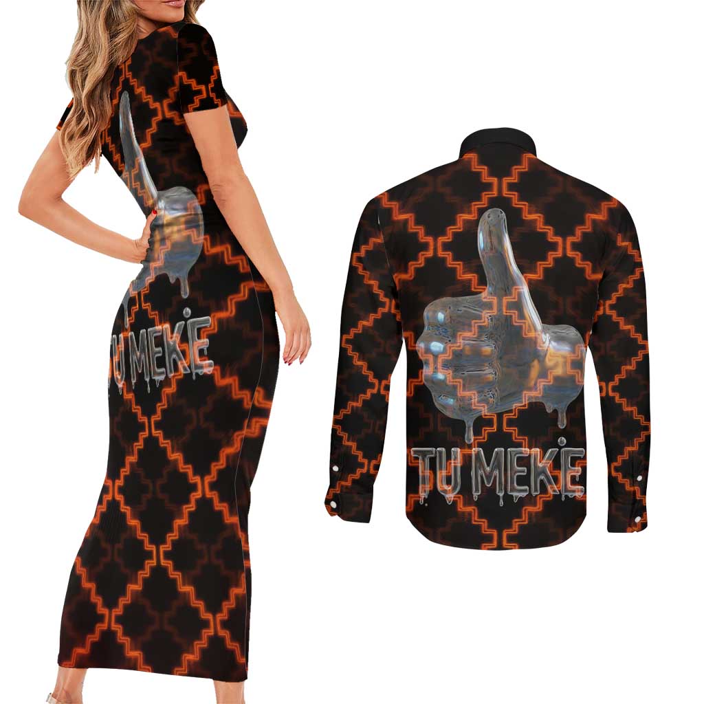 Tu Meke Maori New Zealand Slang Couples Matching Short Sleeve Bodycon Dress and Long Sleeve Button Shirt with Glow Neon Step Style TS04 - Polynesian Pride