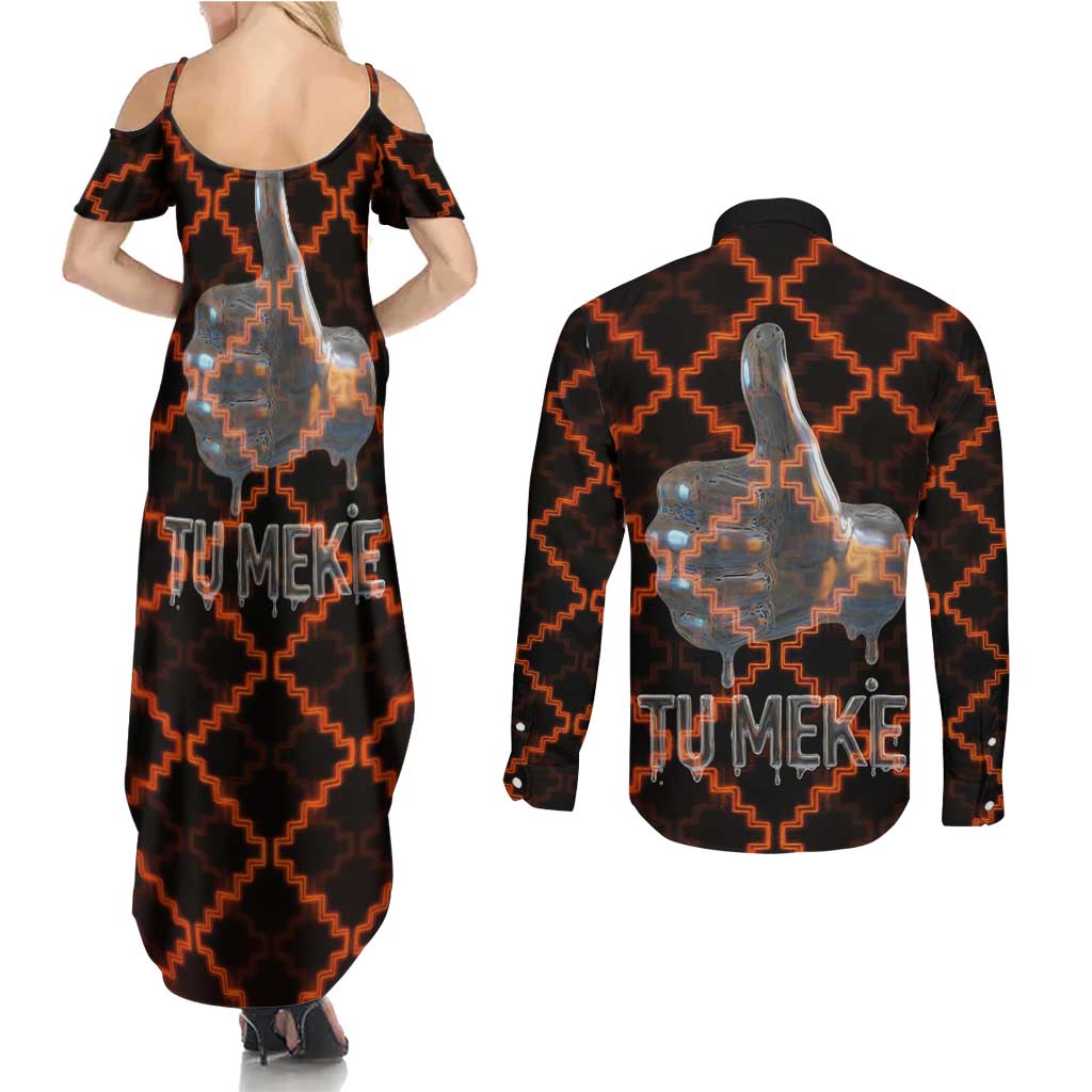 Tu Meke Maori New Zealand Slang Couples Matching Summer Maxi Dress and Long Sleeve Button Shirt with Glow Neon Step Style