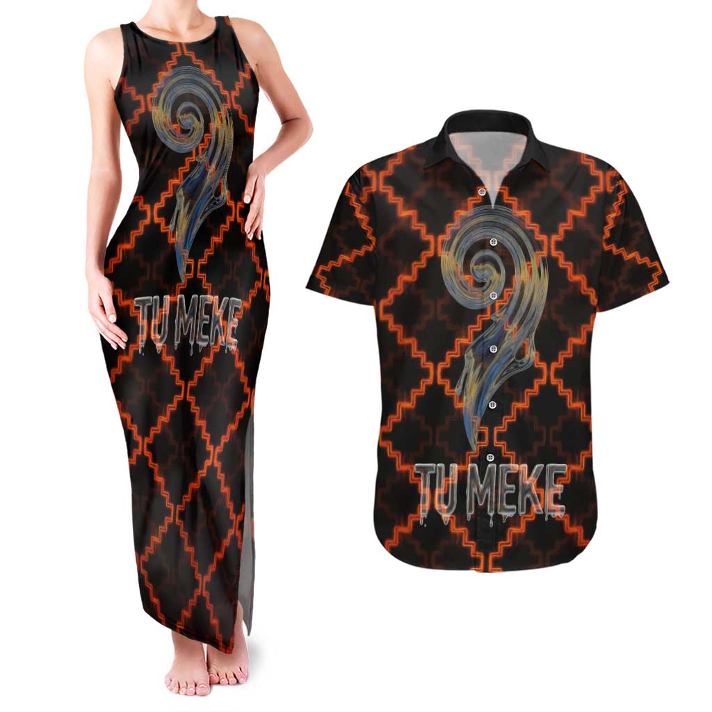 Tu Meke Maori New Zealand Slang Couples Matching Tank Maxi Dress and Hawaiian Shirt with Glow Neon Step Style TS04 Black Orange - Polynesian Pride