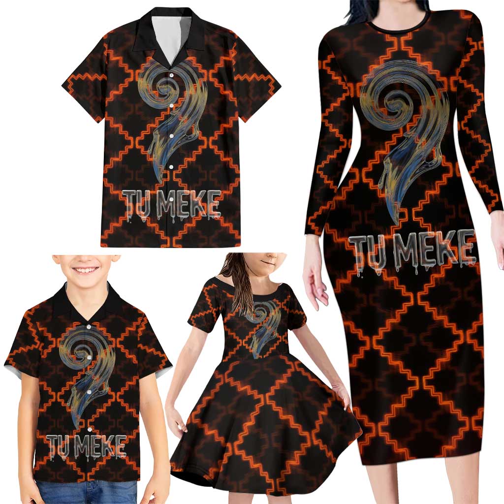 Tu Meke Maori New Zealand Slang Family Matching Long Sleeve Bodycon Dress and Hawaiian Shirt with Glow Neon Step Style