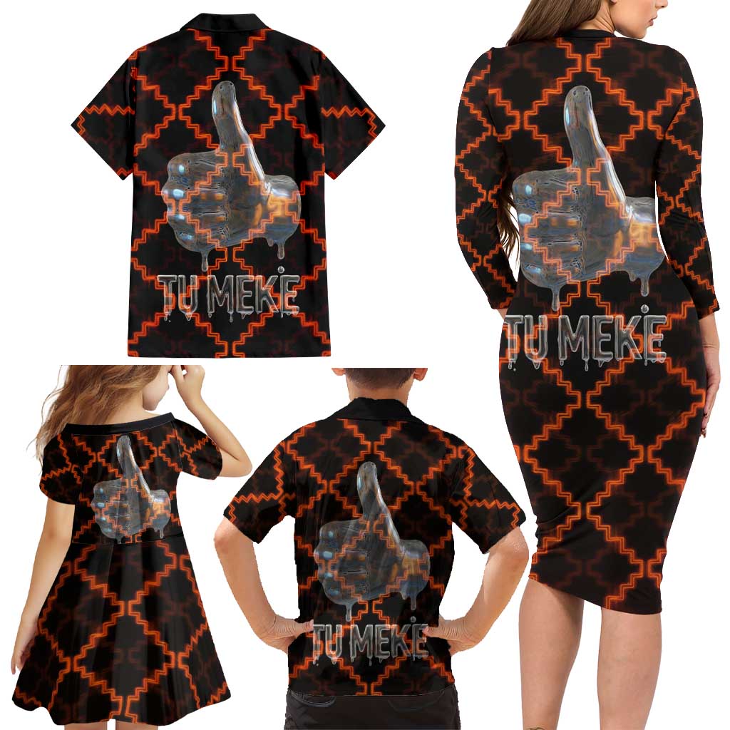 Tu Meke Maori New Zealand Slang Family Matching Long Sleeve Bodycon Dress and Hawaiian Shirt with Glow Neon Step Style TS04 - Polynesian Pride