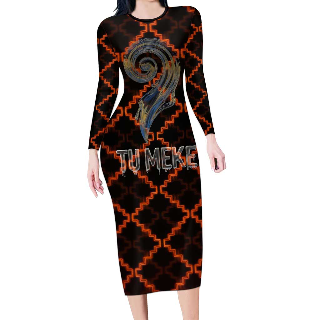 Tu Meke Maori New Zealand Slang Family Matching Long Sleeve Bodycon Dress and Hawaiian Shirt with Glow Neon Step Style TS04 Mom's Dress Black Orange - Polynesian Pride