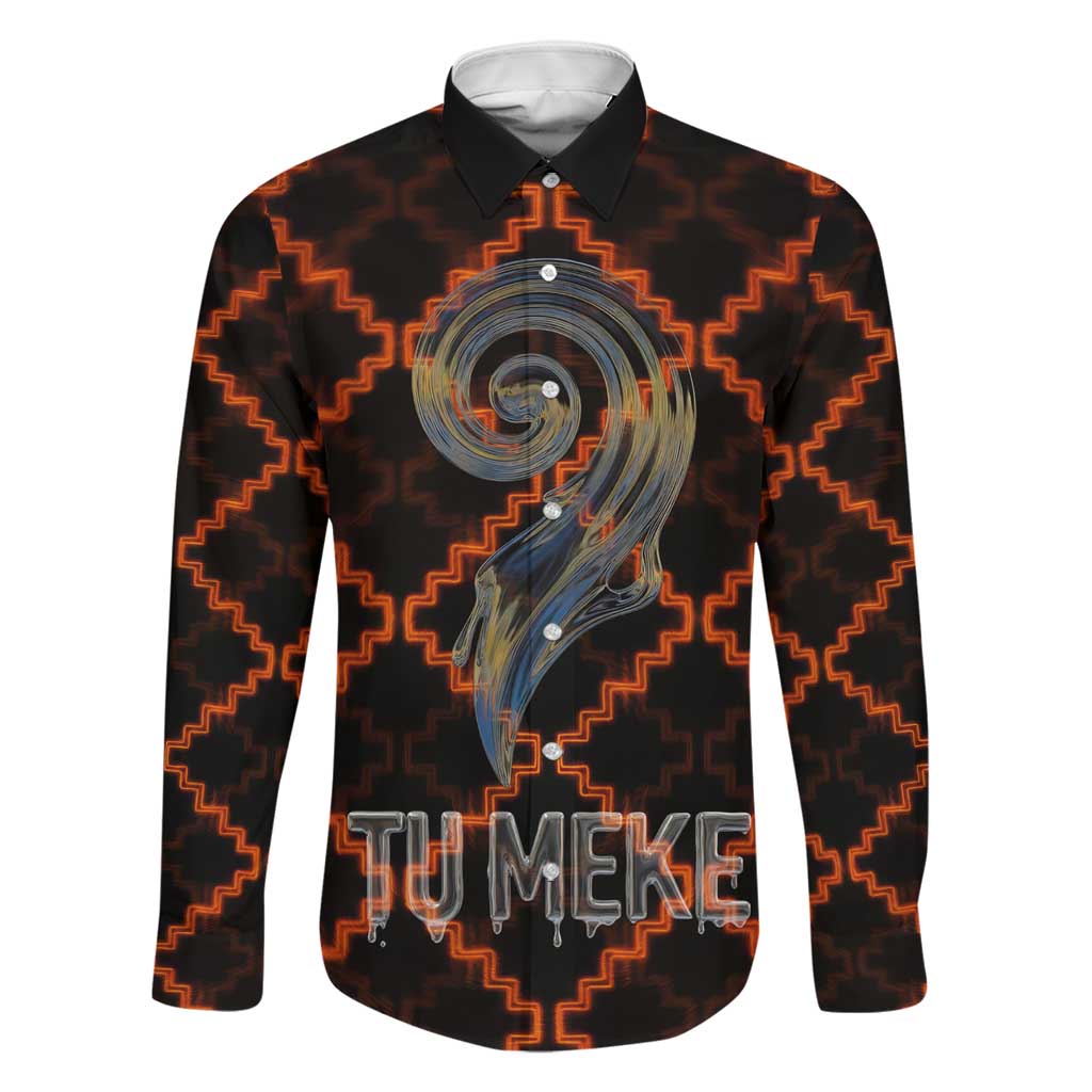 Tu Meke Maori New Zealand Slang Family Matching Mermaid Dress and Hawaiian Shirt with Glow Neon Step Style TS04 Dad's Shirt - Long Sleeve Black Orange - Polynesian Pride