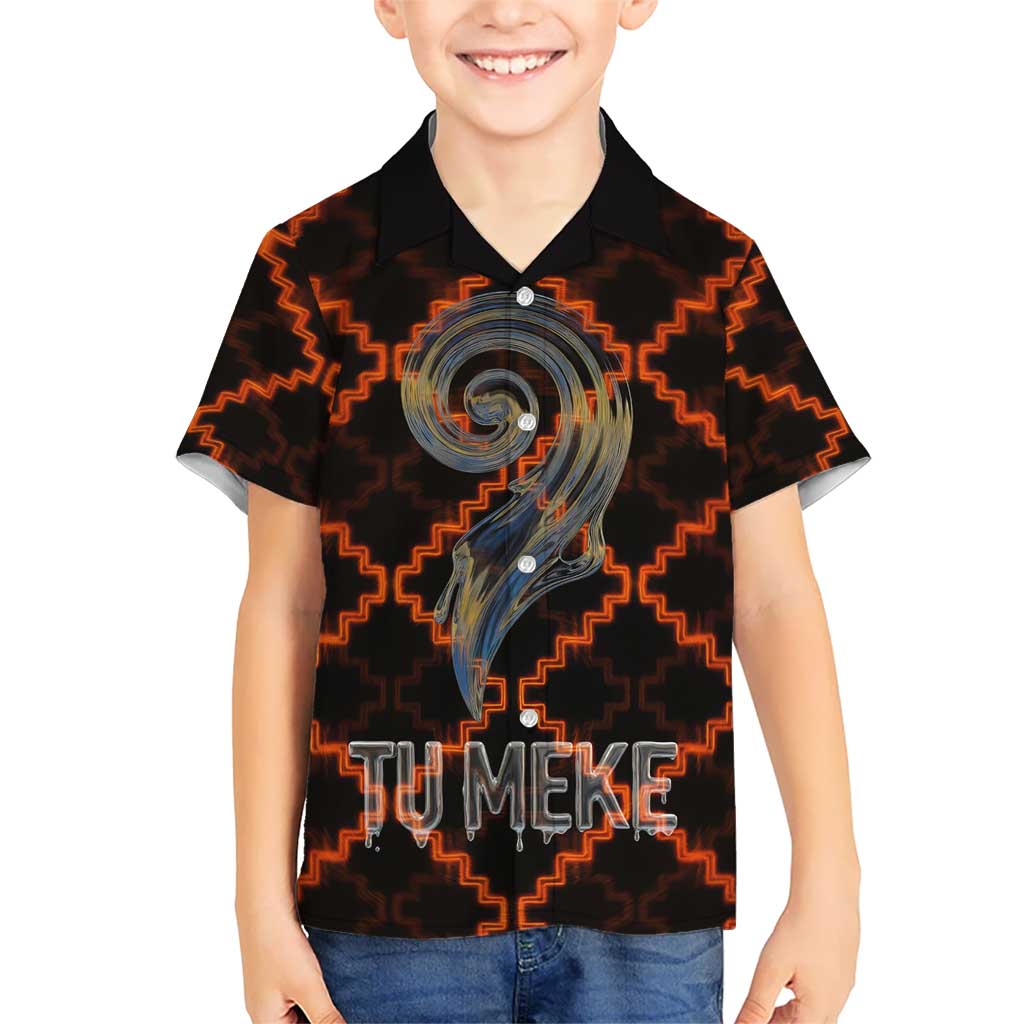 Tu Meke Maori New Zealand Slang Family Matching Mermaid Dress and Hawaiian Shirt with Glow Neon Step Style TS04 Son's Shirt Black Orange - Polynesian Pride
