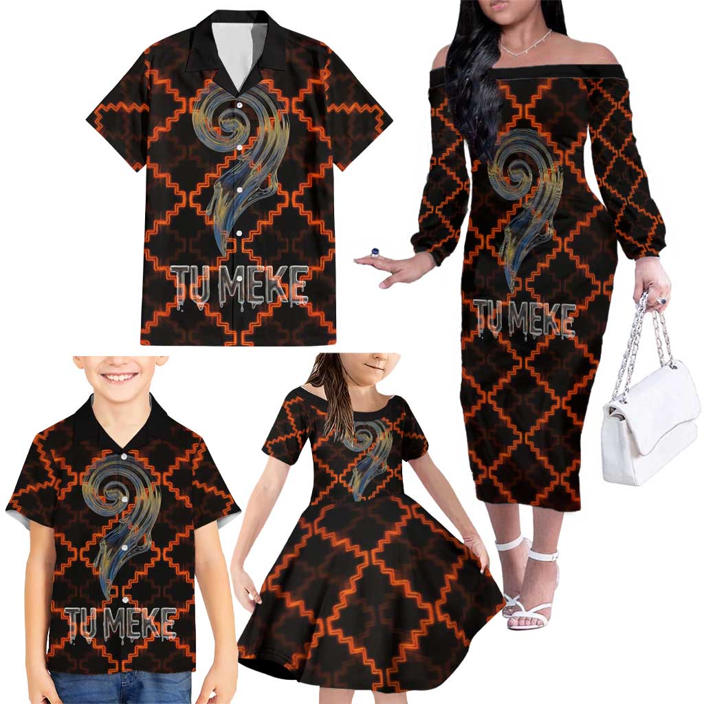 Tu Meke Maori New Zealand Slang Family Matching Off The Shoulder Long Sleeve Dress and Hawaiian Shirt with Glow Neon Step Style TS04 - Polynesian Pride
