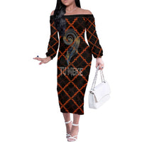 Tu Meke Maori New Zealand Slang Family Matching Off The Shoulder Long Sleeve Dress and Hawaiian Shirt with Glow Neon Step Style TS04 Mom's Dress Black Orange - Polynesian Pride
