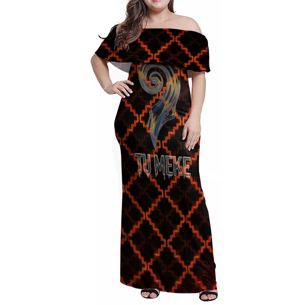 Tu Meke Maori New Zealand Slang Family Matching Off Shoulder Maxi Dress and Hawaiian Shirt with Glow Neon Step Style TS04 Mom's Dress Black Orange - Polynesian Pride