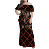 Tu Meke Maori New Zealand Slang Family Matching Off Shoulder Maxi Dress and Hawaiian Shirt with Glow Neon Step Style TS04 Mom's Dress Black Orange - Polynesian Pride