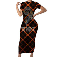 Tu Meke Maori New Zealand Slang Family Matching Short Sleeve Bodycon Dress and Hawaiian Shirt with Glow Neon Step Style TS04 Mom's Dress Black Orange - Polynesian Pride