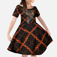 Tu Meke Maori New Zealand Slang Family Matching Summer Maxi Dress and Hawaiian Shirt with Glow Neon Step Style TS04 Daughter's Dress Black Orange - Polynesian Pride