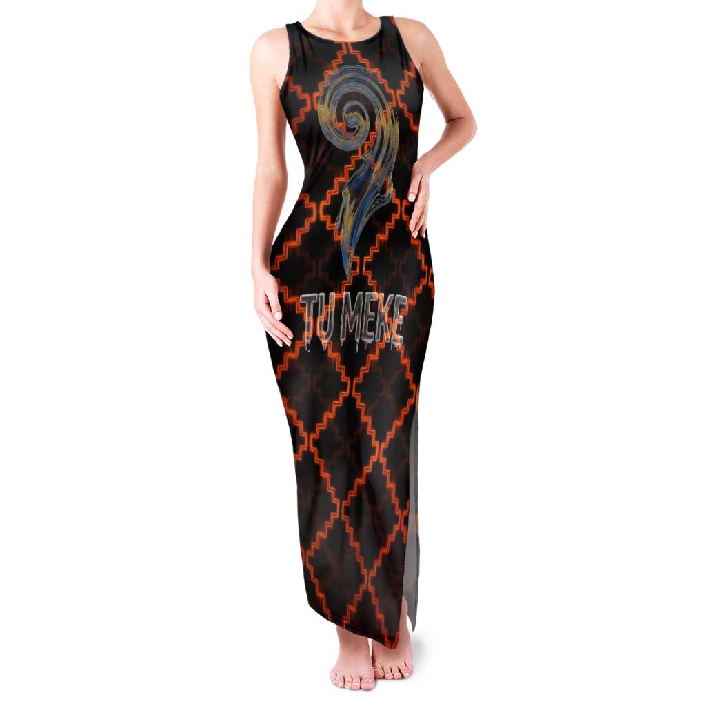 Tu Meke Maori New Zealand Slang Family Matching Tank Maxi Dress and Hawaiian Shirt with Glow Neon Step Style TS04 Mom's Dress Black Orange - Polynesian Pride