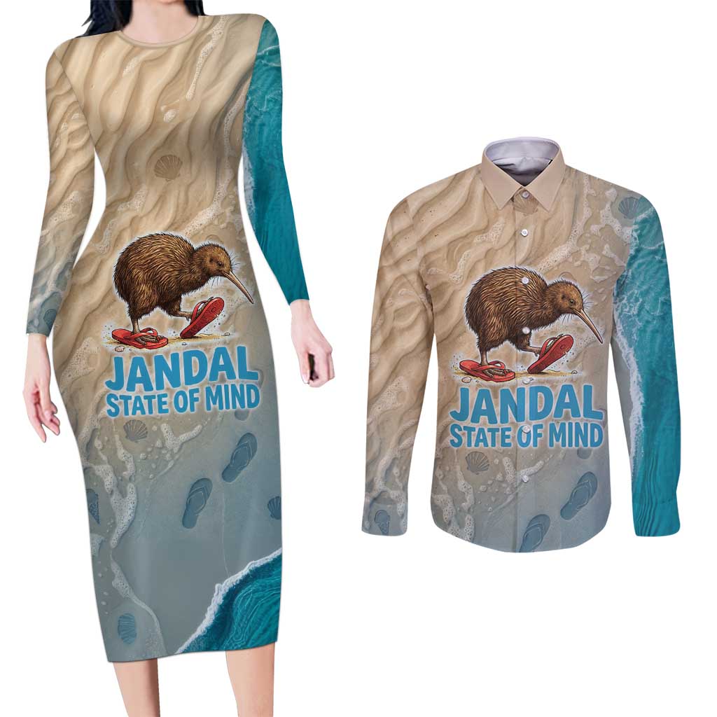 Kiwi Jandal Beach Life Couples Matching Long Sleeve Bodycon Dress and Long Sleeve Button Shirt New Zealand Flip Flops Ocean Wave Surf Style TS04 Beige Cyan - Polynesian Pride