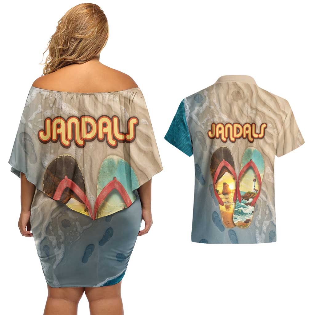 Kiwi Jandal Beach Life Couples Matching Off Shoulder Short Dress and Hawaiian Shirt New Zealand Flip Flops Ocean Wave Surf Style TS04 - Polynesian Pride