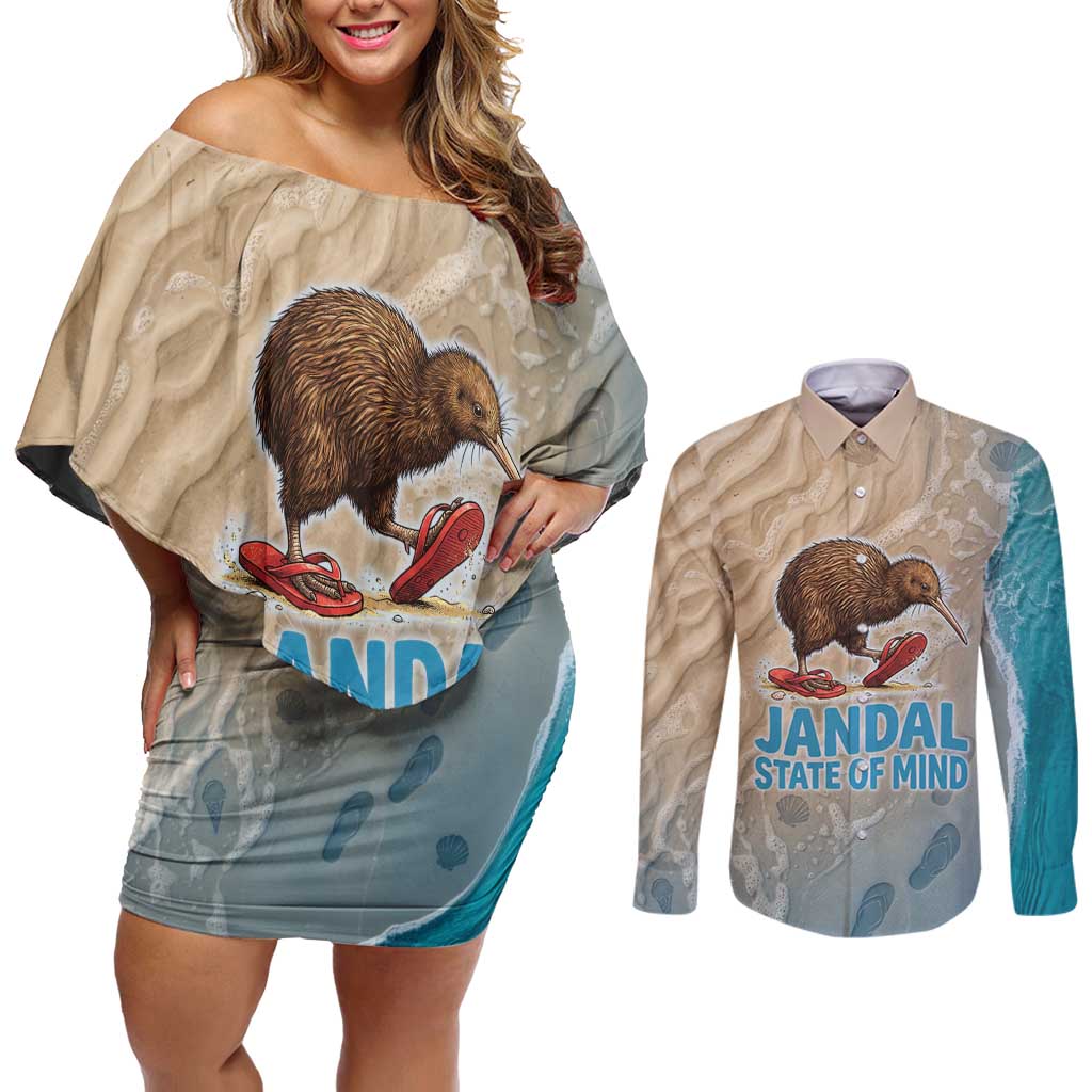 Kiwi Jandal Beach Life Couples Matching Off Shoulder Short Dress and Long Sleeve Button Shirt New Zealand Flip Flops Ocean Wave Surf Style