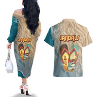 Kiwi Jandal Beach Life Couples Matching Off The Shoulder Long Sleeve Dress and Hawaiian Shirt New Zealand Flip Flops Ocean Wave Surf Style TS04 - Polynesian Pride