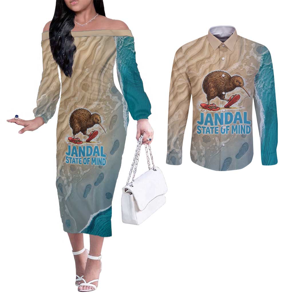 Kiwi Jandal Beach Life Couples Matching Off The Shoulder Long Sleeve Dress and Long Sleeve Button Shirt New Zealand Flip Flops Ocean Wave Surf Style