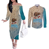 Kiwi Jandal Beach Life Couples Matching Off The Shoulder Long Sleeve Dress and Long Sleeve Button Shirt New Zealand Flip Flops Ocean Wave Surf Style TS04 Beige Cyan - Polynesian Pride