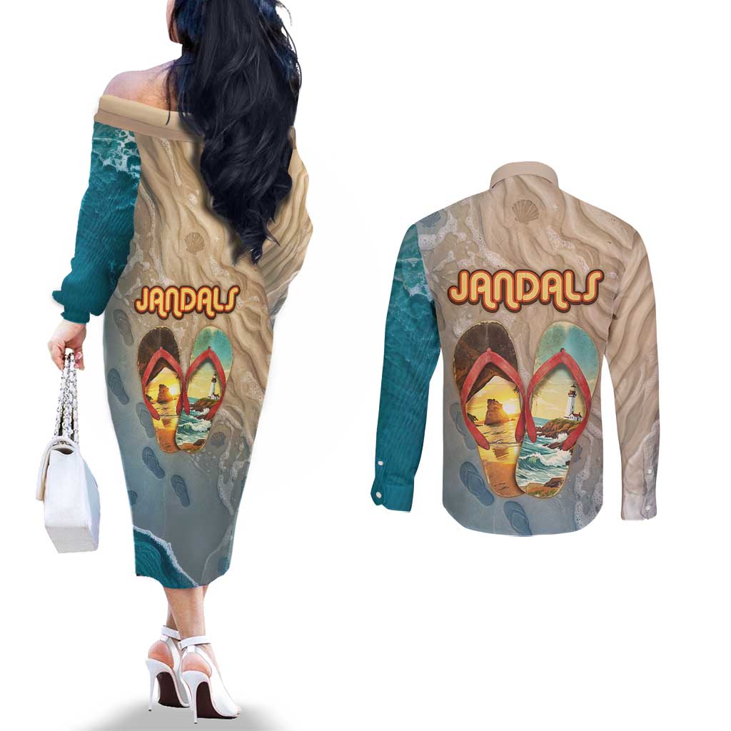 Kiwi Jandal Beach Life Couples Matching Off The Shoulder Long Sleeve Dress and Long Sleeve Button Shirt New Zealand Flip Flops Ocean Wave Surf Style TS04 - Polynesian Pride