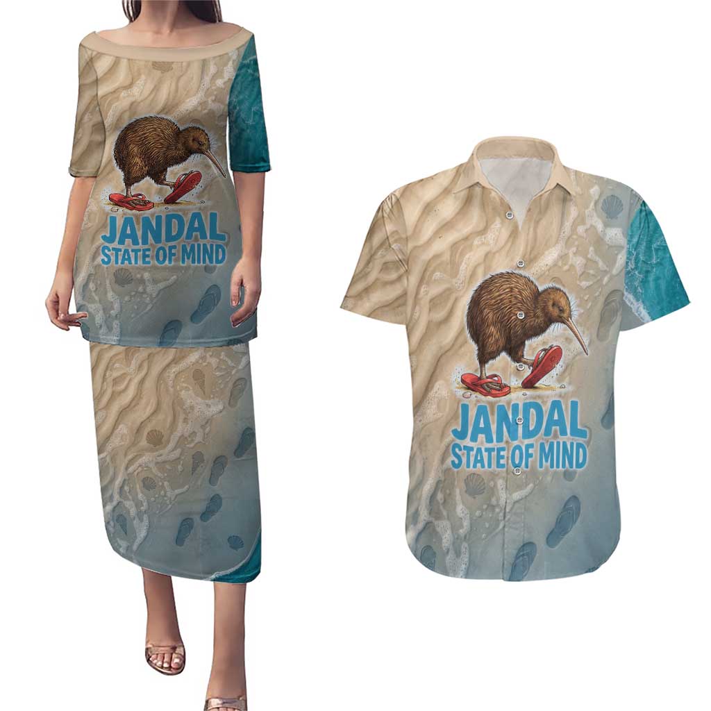 Kiwi Jandal Beach Life Couples Matching Puletasi and Hawaiian Shirt New Zealand Flip Flops Ocean Wave Surf Style
