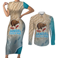 Kiwi Jandal Beach Life Couples Matching Short Sleeve Bodycon Dress and Long Sleeve Button Shirt New Zealand Flip Flops Ocean Wave Surf Style TS04 Beige Cyan - Polynesian Pride