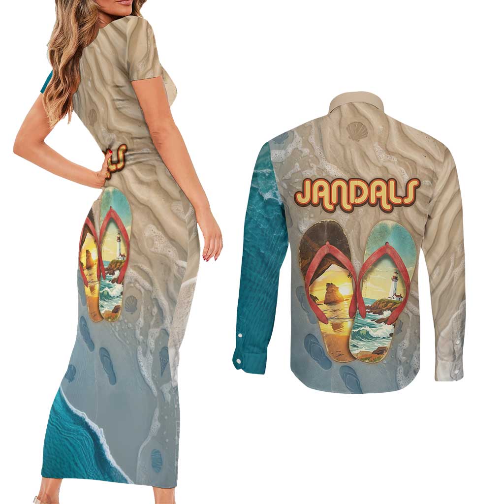 Kiwi Jandal Beach Life Couples Matching Short Sleeve Bodycon Dress and Long Sleeve Button Shirt New Zealand Flip Flops Ocean Wave Surf Style TS04 - Polynesian Pride