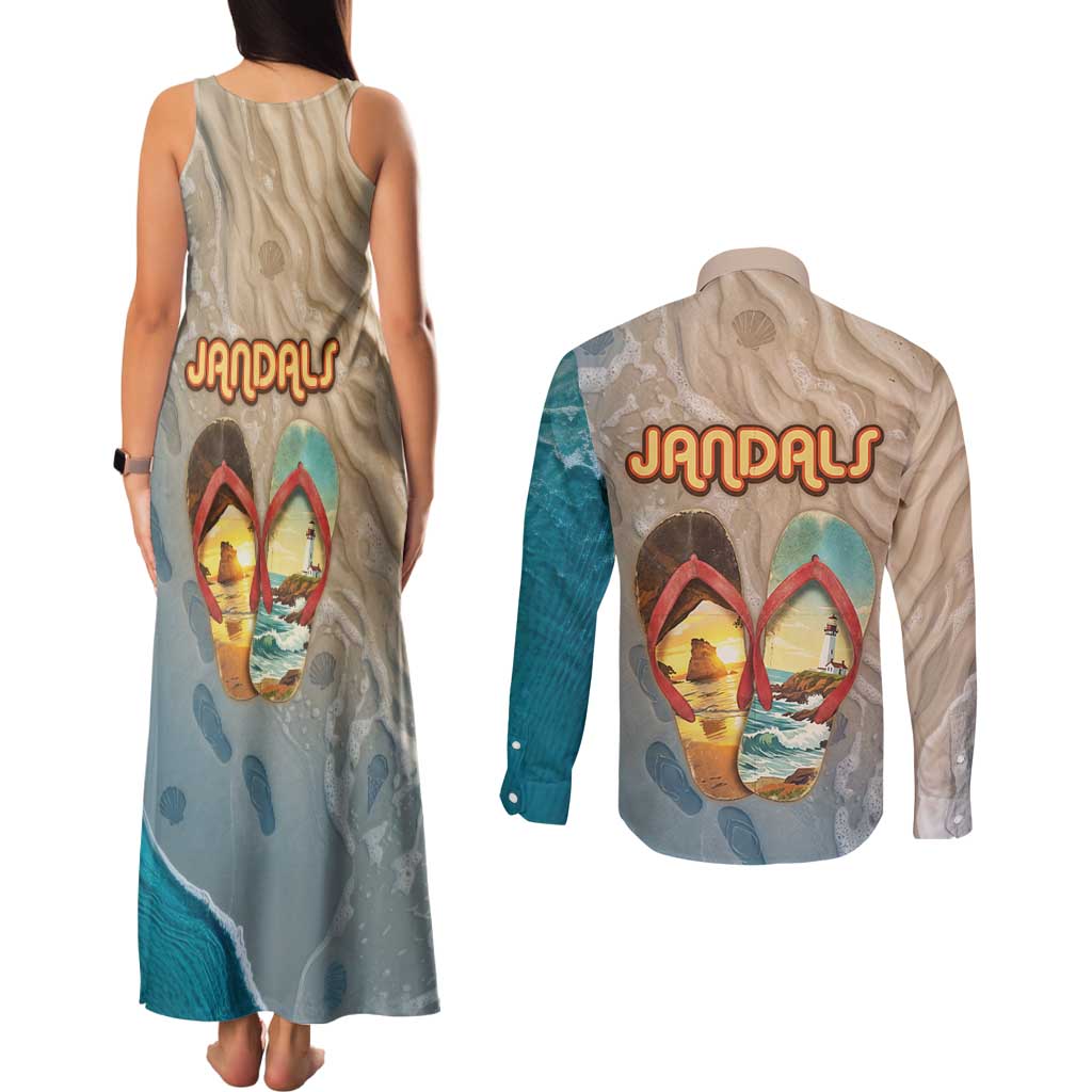Kiwi Jandal Beach Life Couples Matching Tank Maxi Dress and Long Sleeve Button Shirt New Zealand Flip Flops Ocean Wave Surf Style