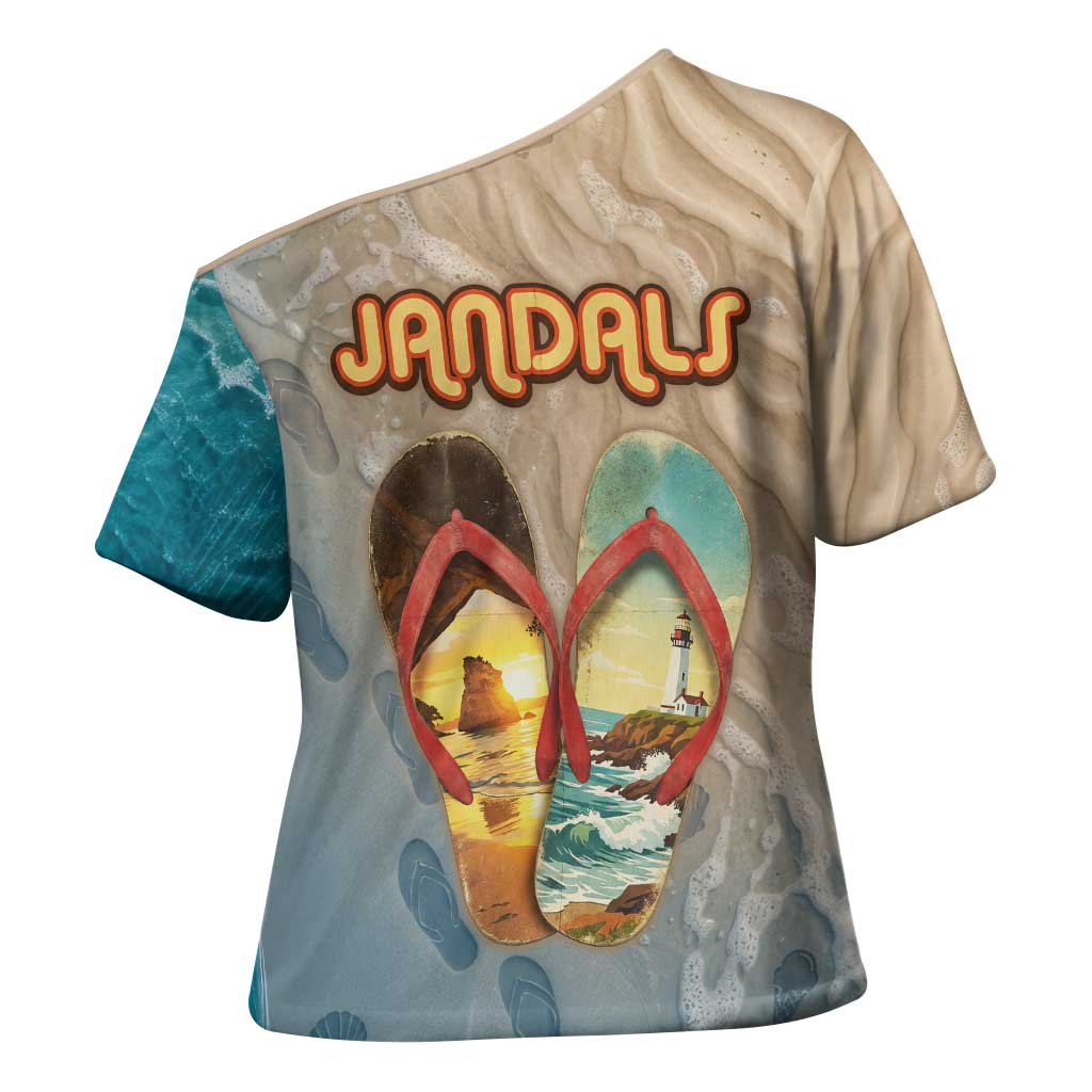 Kiwi Jandal Beach Life Cross Shoulder Shirt New Zealand Flip Flops Ocean Wave Surf Style