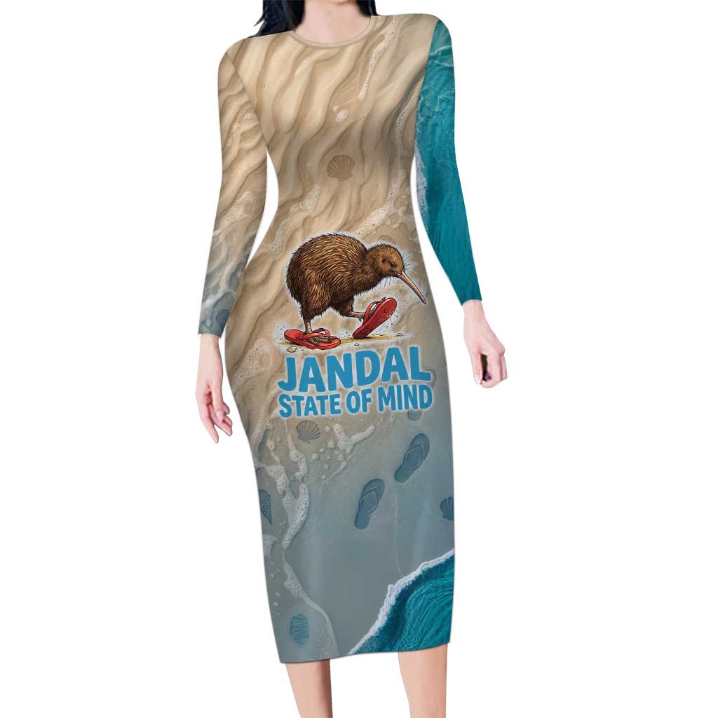 Kiwi Jandal Beach Life Family Matching Long Sleeve Bodycon Dress and Hawaiian Shirt New Zealand Flip Flops Ocean Wave Surf Style TS04 Mom's Dress Beige Cyan - Polynesian Pride