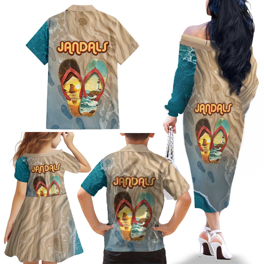 Kiwi Jandal Beach Life Family Matching Off The Shoulder Long Sleeve Dress and Hawaiian Shirt New Zealand Flip Flops Ocean Wave Surf Style TS04 - Polynesian Pride