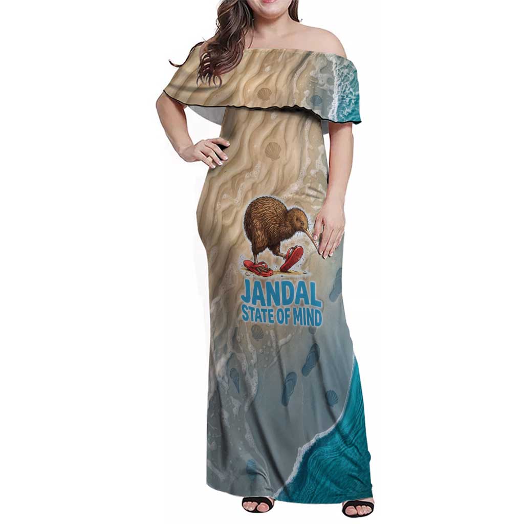 Kiwi Jandal Beach Life Family Matching Off Shoulder Maxi Dress and Hawaiian Shirt New Zealand Flip Flops Ocean Wave Surf Style TS04 Mom's Dress Beige Cyan - Polynesian Pride
