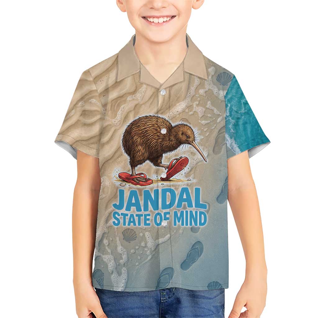 Kiwi Jandal Beach Life Family Matching Off Shoulder Maxi Dress and Hawaiian Shirt New Zealand Flip Flops Ocean Wave Surf Style TS04 Son's Shirt Beige Cyan - Polynesian Pride