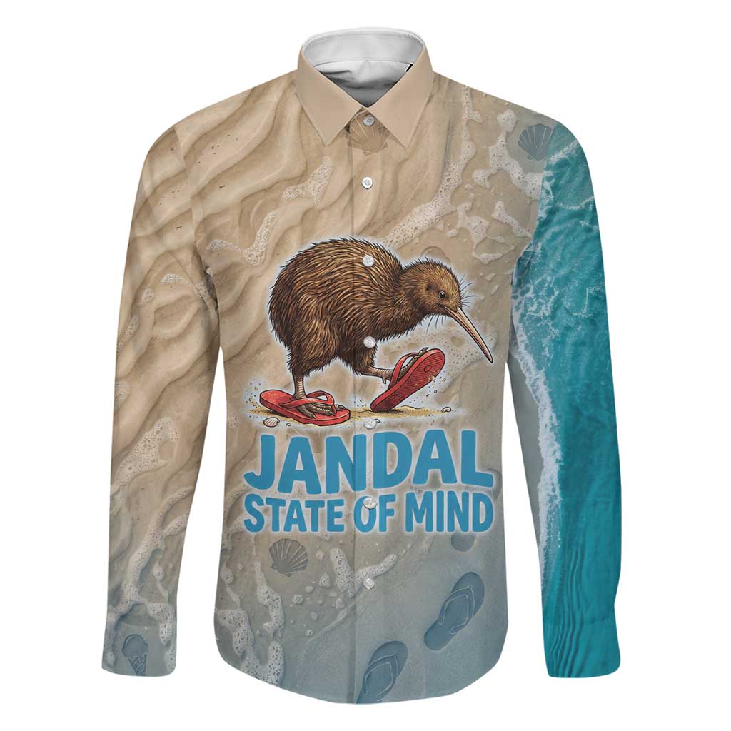 Kiwi Jandal Beach Life Family Matching Off Shoulder Short Dress and Hawaiian Shirt New Zealand Flip Flops Ocean Wave Surf Style TS04 Dad's Shirt - Long Sleeve Beige Cyan - Polynesian Pride