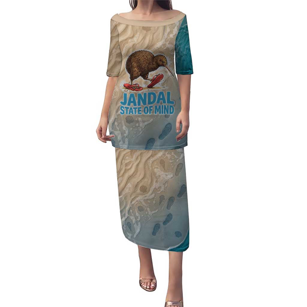 Kiwi Jandal Beach Life Family Matching Puletasi and Hawaiian Shirt New Zealand Flip Flops Ocean Wave Surf Style TS04 Mom's Dress Beige Cyan - Polynesian Pride