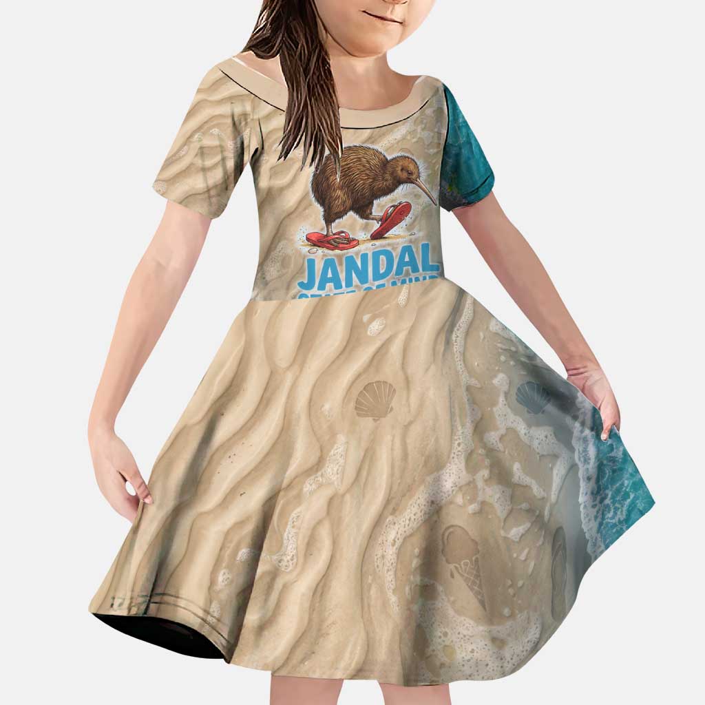 Kiwi Jandal Beach Life Family Matching Short Sleeve Bodycon Dress and Hawaiian Shirt New Zealand Flip Flops Ocean Wave Surf Style TS04 Daughter's Dress Beige Cyan - Polynesian Pride