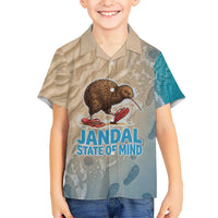 Kiwi Jandal Beach Life Family Matching Tank Maxi Dress and Hawaiian Shirt New Zealand Flip Flops Ocean Wave Surf Style TS04 Son's Shirt Beige Cyan - Polynesian Pride