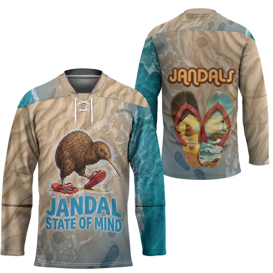Kiwi Jandal Beach Life Hockey Jersey New Zealand Flip Flops Ocean Wave Surf Style