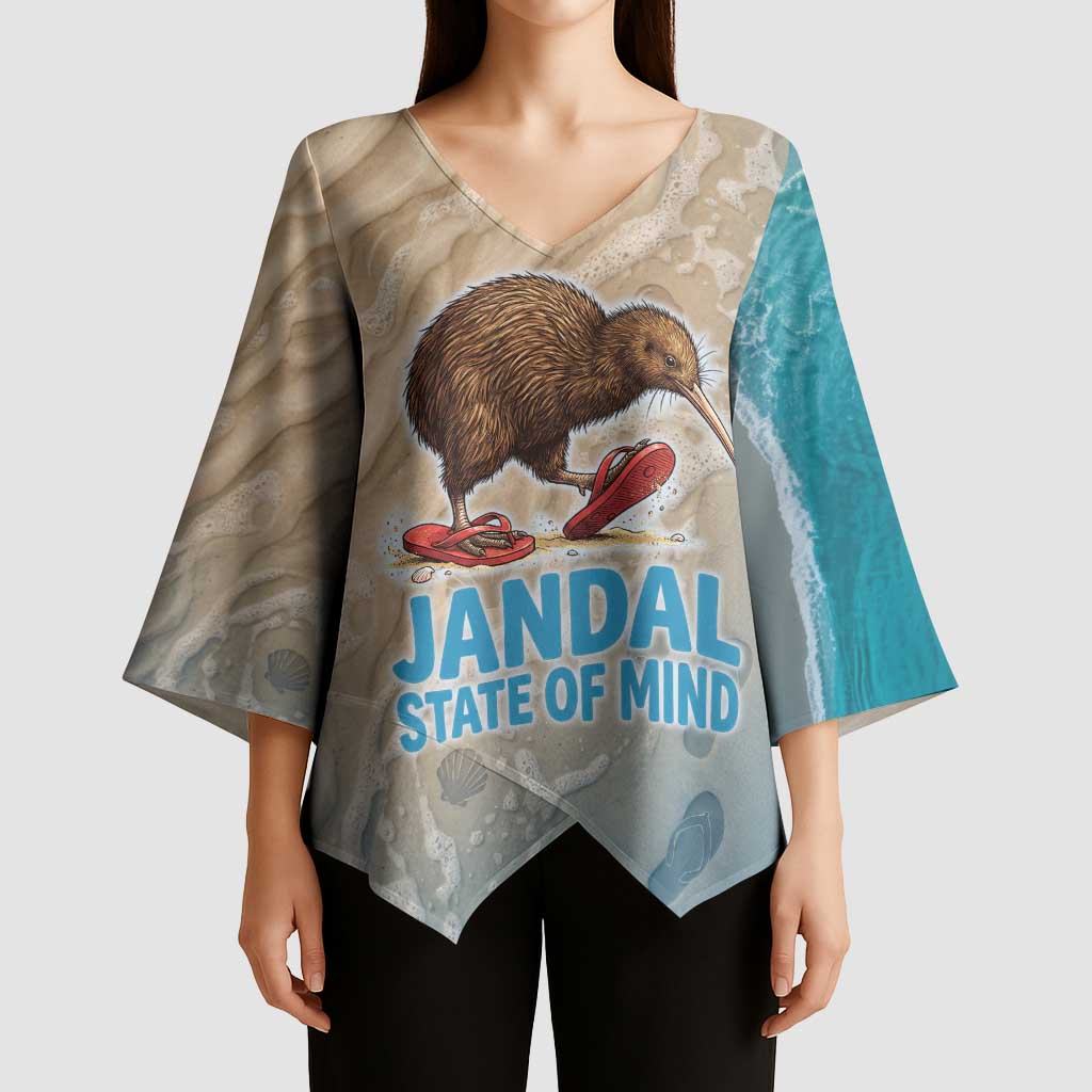 Kiwi Jandal Beach Life Kimono Sleeve Blouse New Zealand Flip Flops Ocean Wave Surf Style