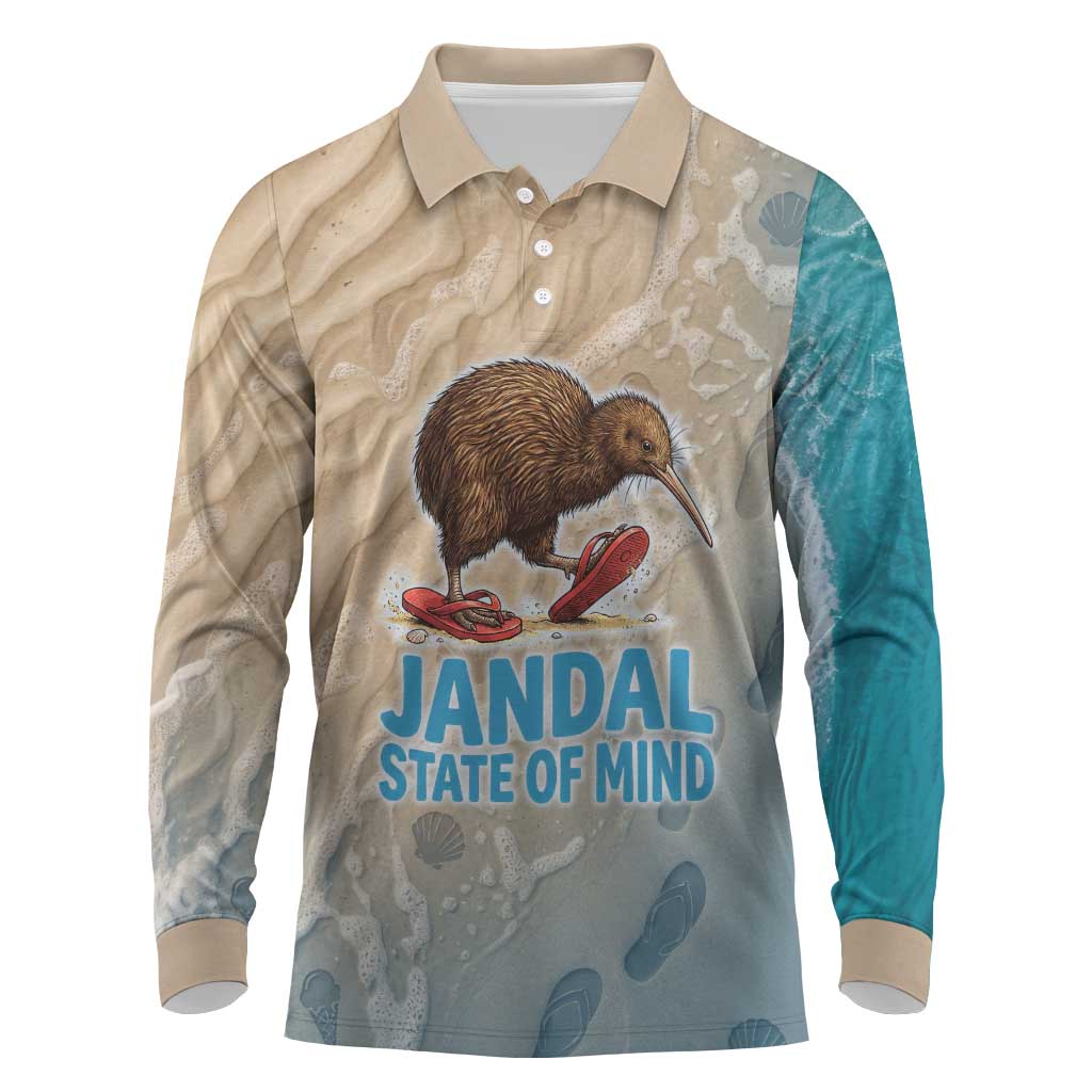 Kiwi Jandal Beach Life Long Sleeve Polo Shirt New Zealand Flip Flops Ocean Wave Surf Style
