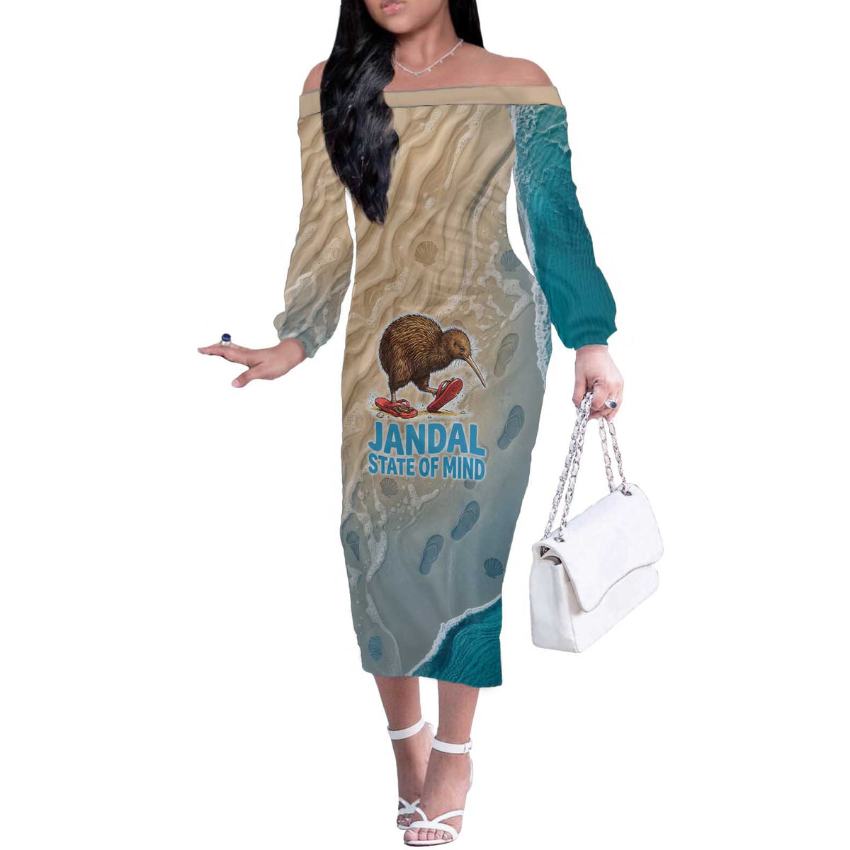 Kiwi Jandal Beach Life Off The Shoulder Long Sleeve Dress New Zealand Flip Flops Ocean Wave Surf Style