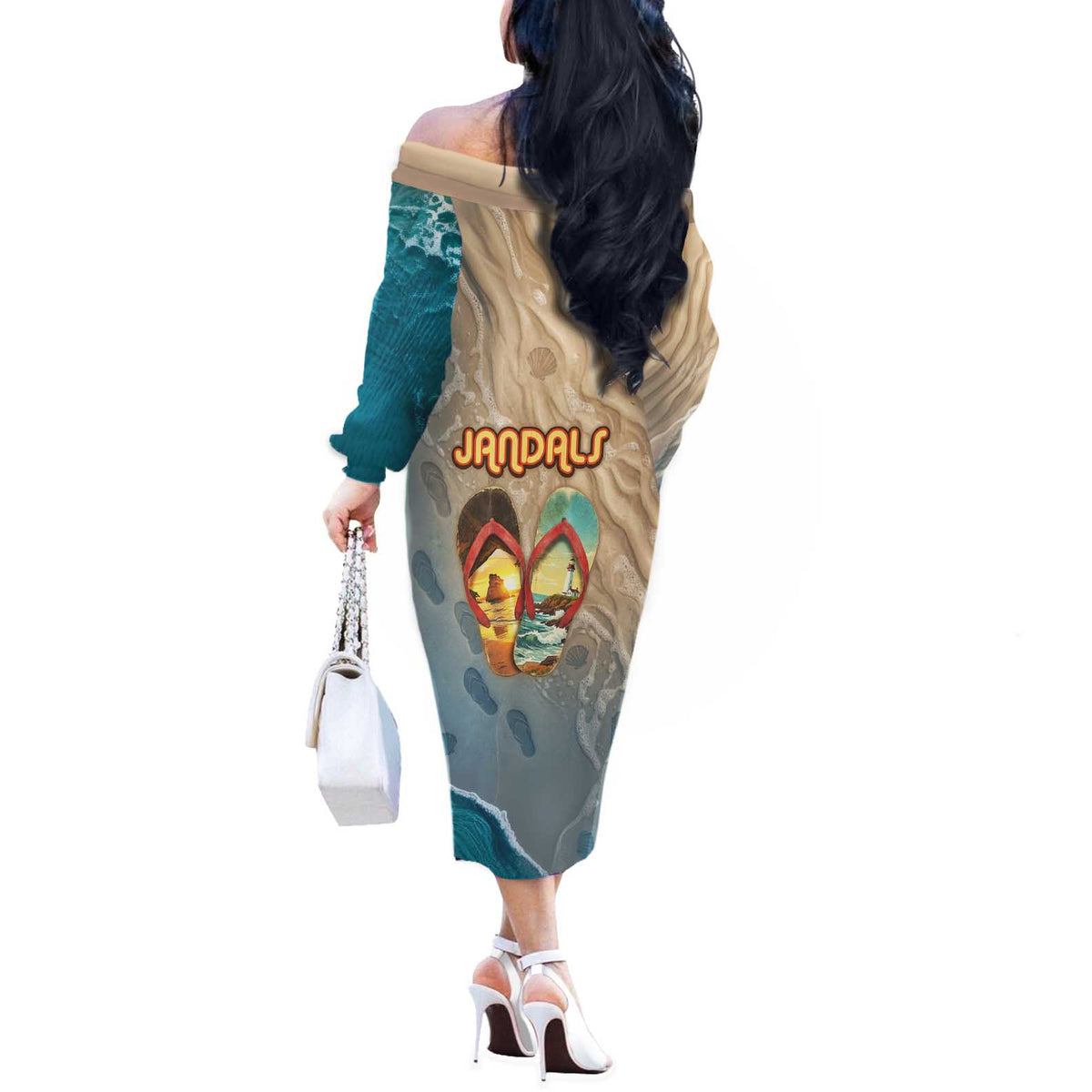 Kiwi Jandal Beach Life Off The Shoulder Long Sleeve Dress New Zealand Flip Flops Ocean Wave Surf Style