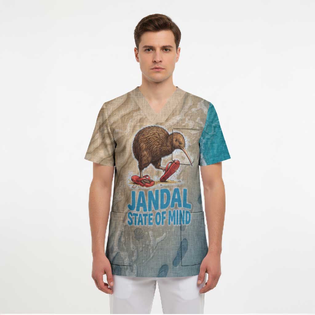 Kiwi Jandal Beach Life Scrub Top New Zealand Flip Flops Ocean Wave Surf Style