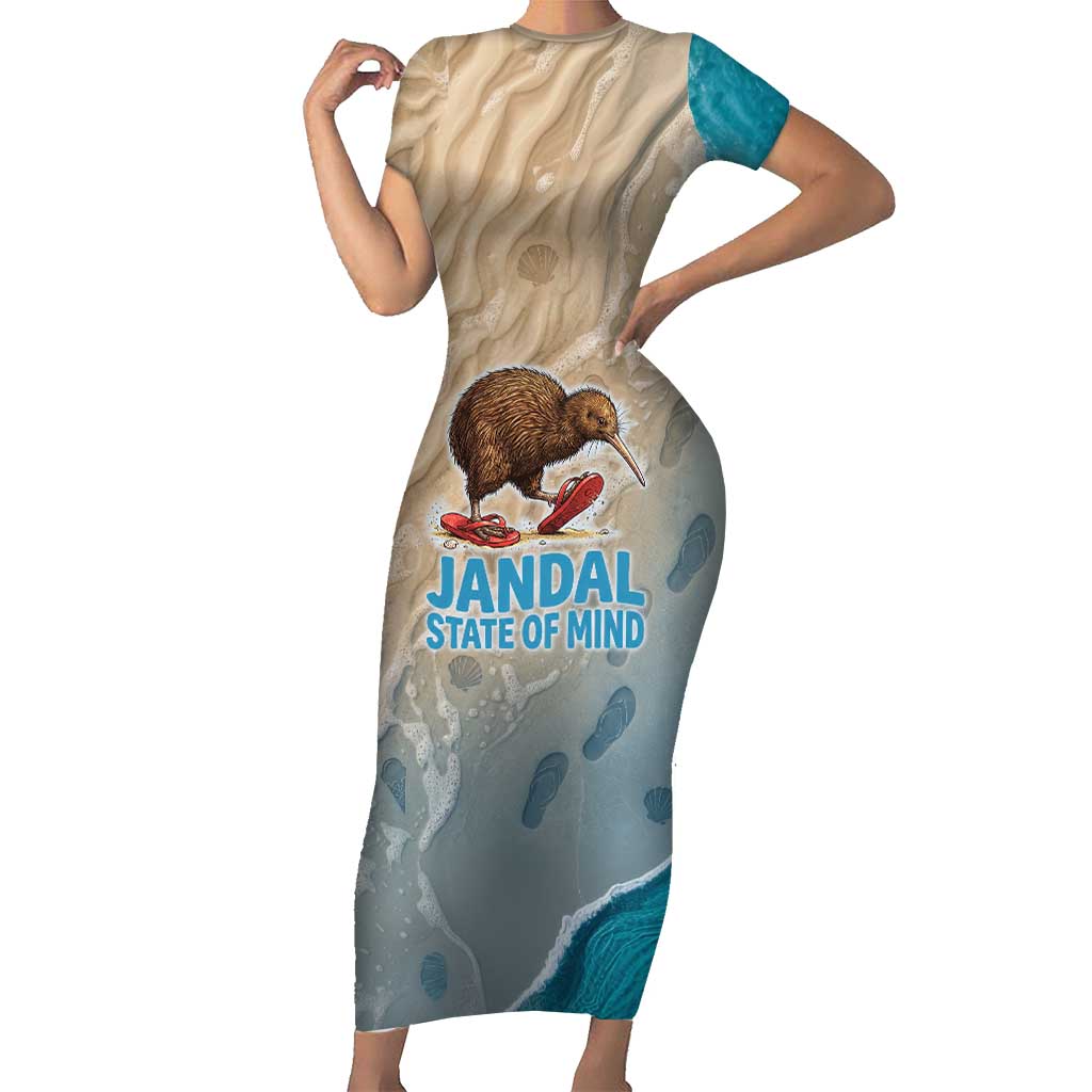 Kiwi Jandal Beach Life Short Sleeve Bodycon Dress New Zealand Flip Flops Ocean Wave Surf Style