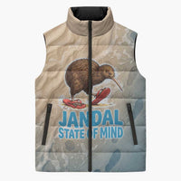 Kiwi Jandal Beach Life Sleeveless Puffer Jacket New Zealand Flip Flops Ocean Wave Surf Style