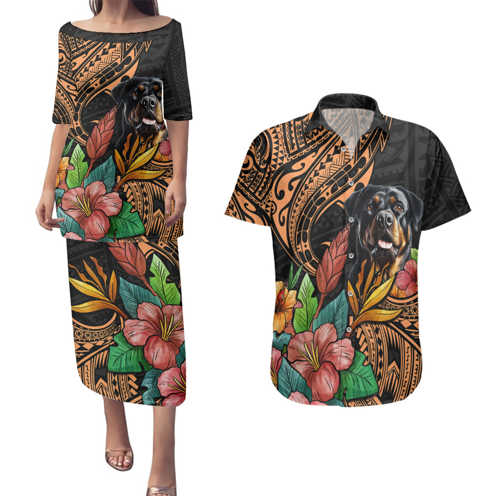 Polynesian Rottweiler Couples Matching Puletasi Dress and Hawaiian Shirt Polynesian Pattern And Rottweiler TS04 Black - Polynesian Pride