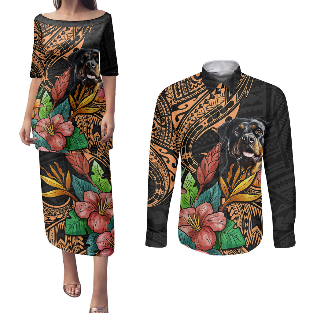 Polynesian Rottweiler Couples Matching Puletasi Dress and Long Sleeve Button Shirts Polynesian Pattern And Rottweiler TS04 Black - Polynesian Pride
